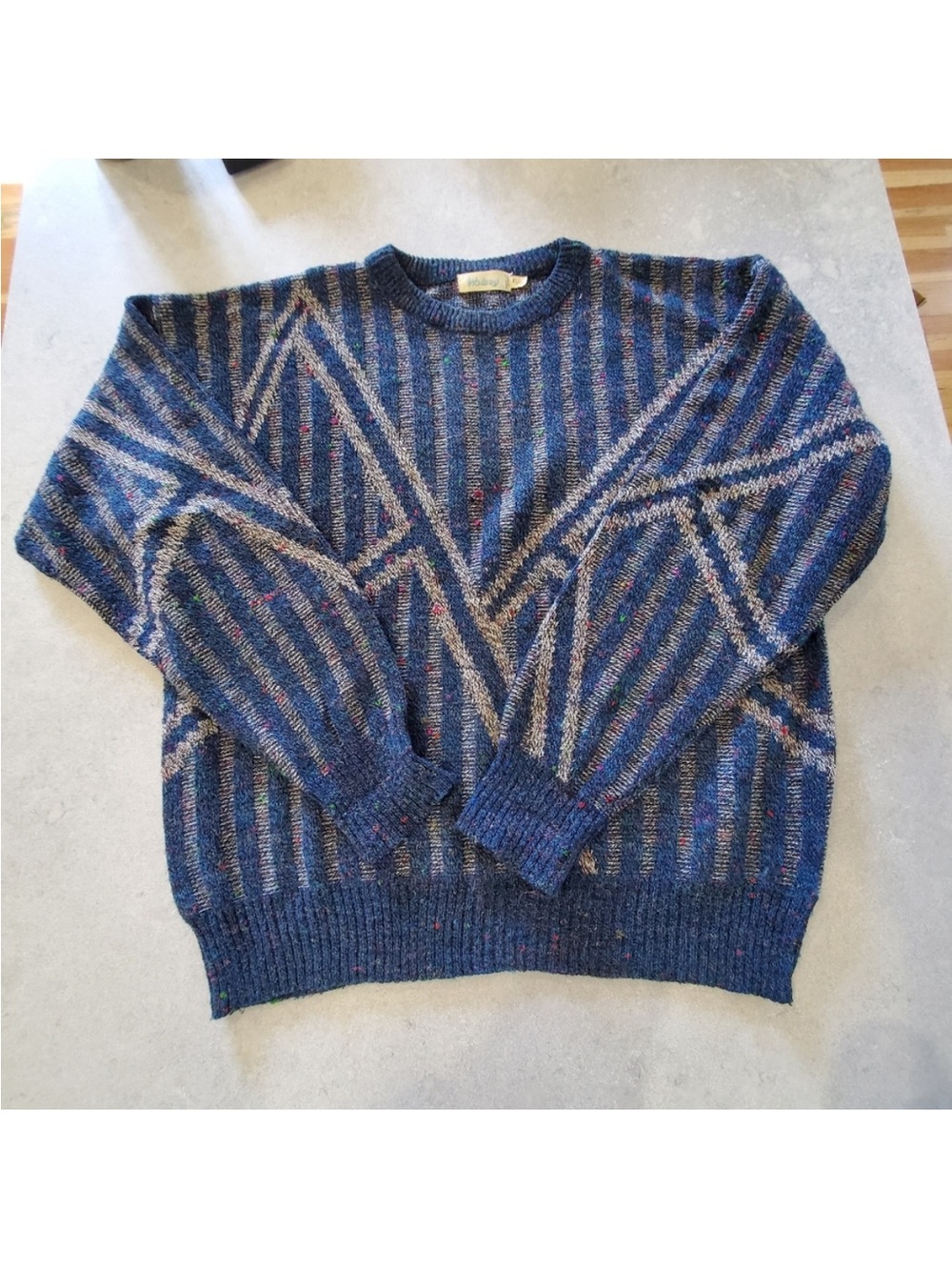 Vintage Navy Blue Multicolor Speckled Striped Crewneck Sweater